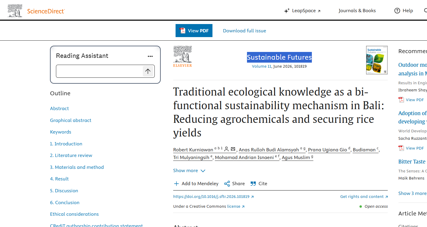 Gambar ke-3 untuk artikel Traditional ecological knowledge as a bi-functional sustainability mechanism in Bali: Reducing agrochemicals and securing rice yields